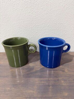 2 Fiesta Ring Handle Coffee Mugs Homer Laughlin Blue and Green Great Condition